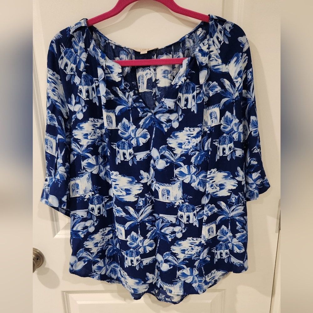 Loft Corfu Weekend Pleated V-Neck Blouse XL  Blue and White
